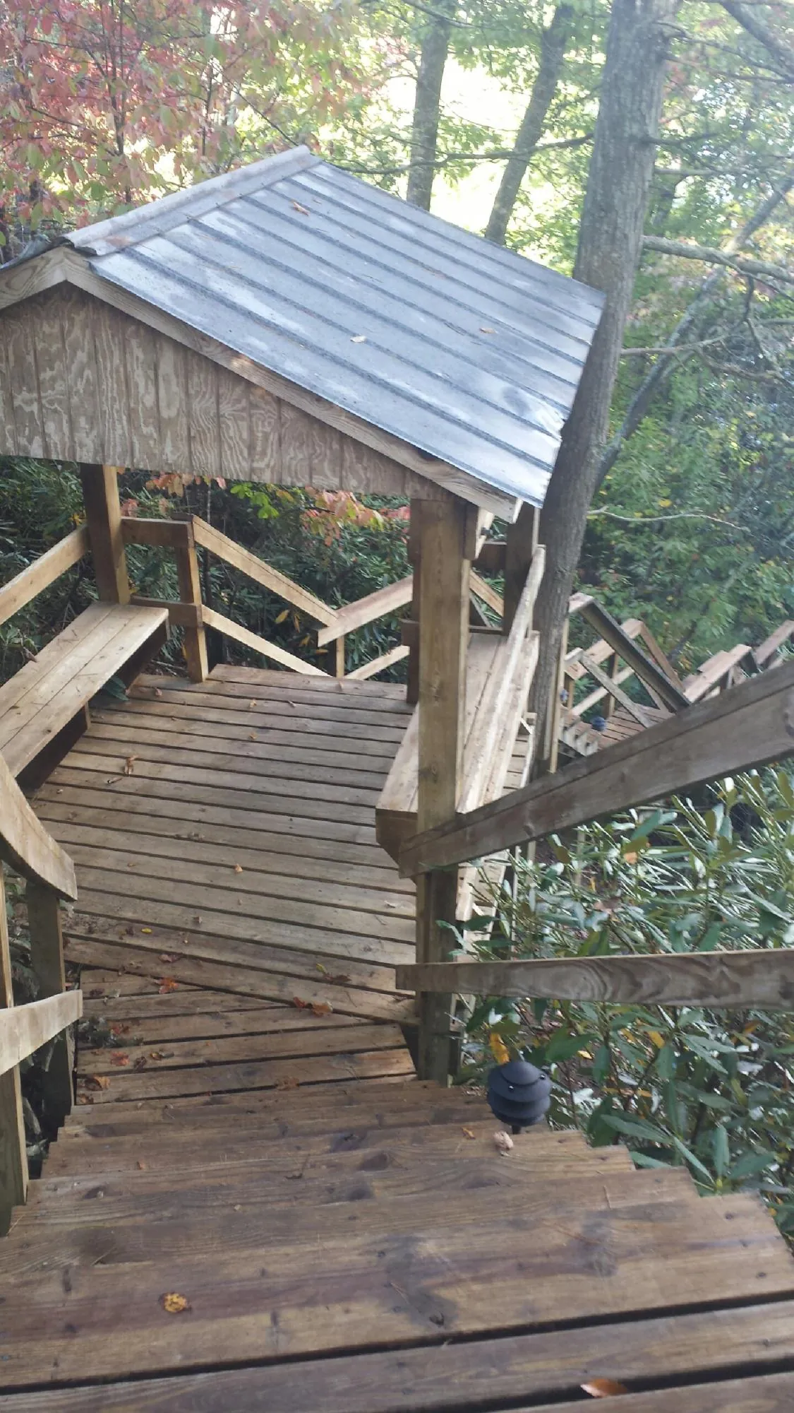 Metal roofed shelter over wooden steps on a wooded walkway — Skylight Repair & Installation work by our crew in Kyburz
